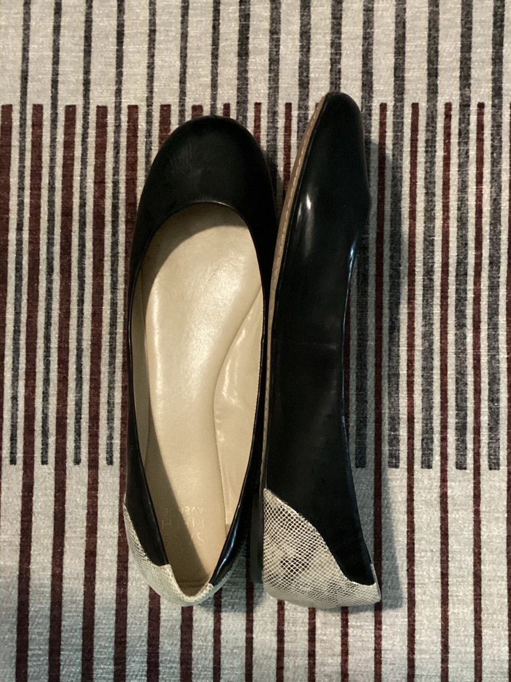 Saks Fifth Avenue Black Leather Ballet Flats with Cream Snakeskin Heel